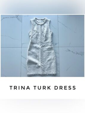 Trina Turk dress size 8 cream white tweed cutout fringe